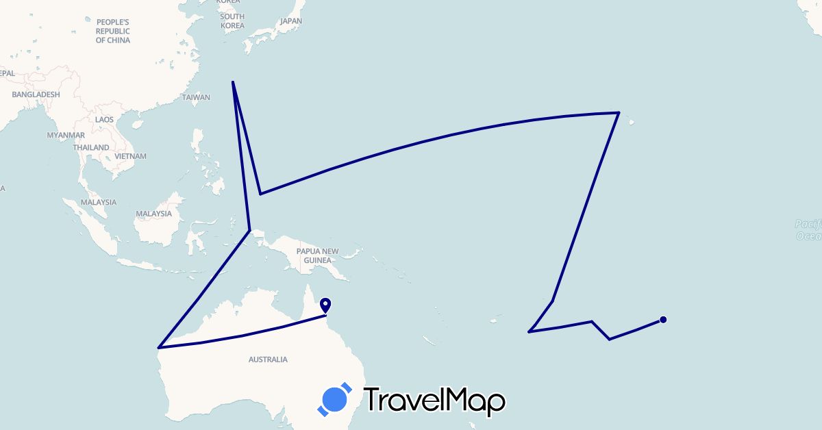 TravelMap itinerary: driving in Australia, Cook Islands, France, Indonesia, Japan, Palau, Tonga, United States (Asia, Europe, North America, Oceania)